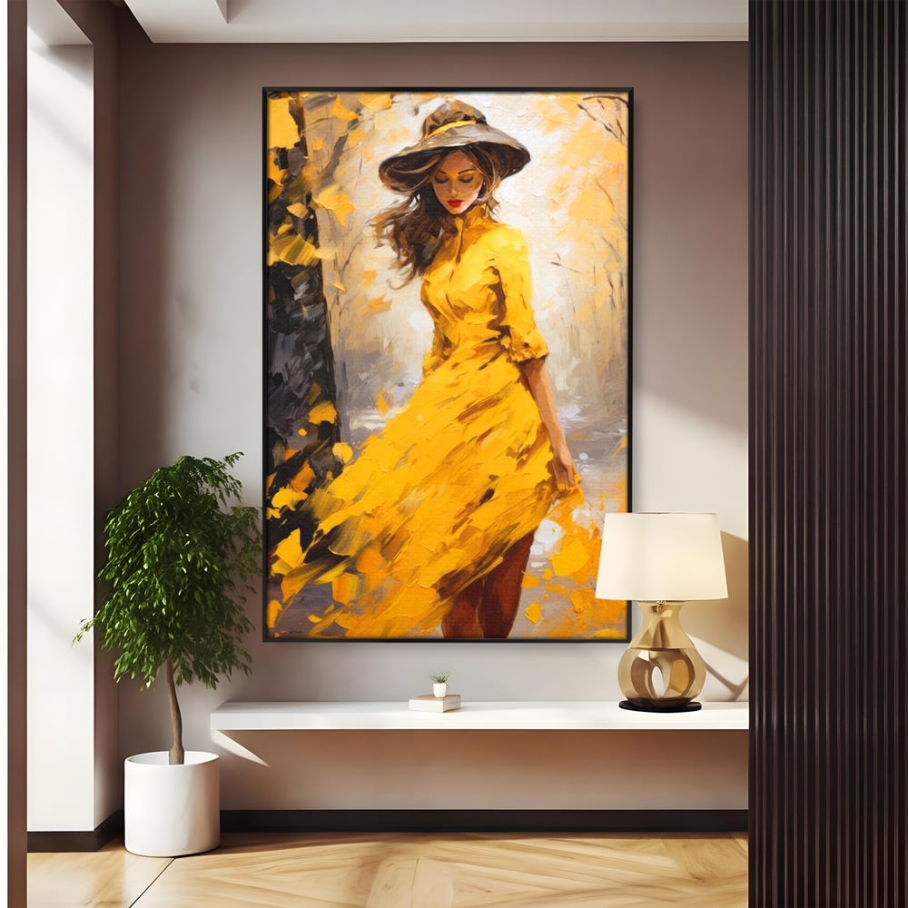 Tablou canvas cu tablou canvas cu femeie in galben, in rama de aluminiu negru
